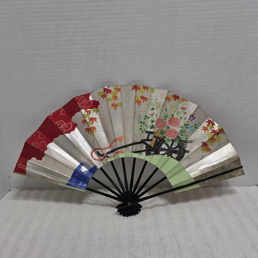 Vintage Oriental Folding Fan Floral Cart Design 19 1/2